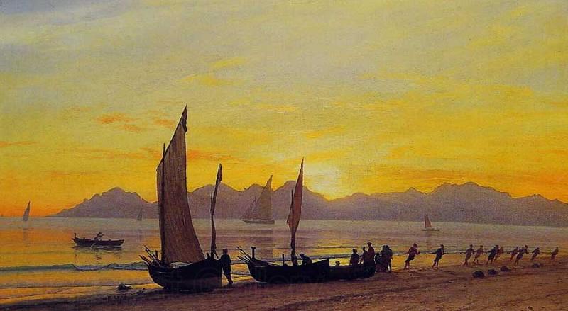 Albert Bierstadt Boats Ashore at Sunset Norge oil painting art